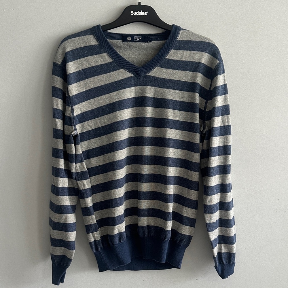 J. Crew Men's V-Neck Cotton Sweater - Navy and Gray Stripes Size SMALL
